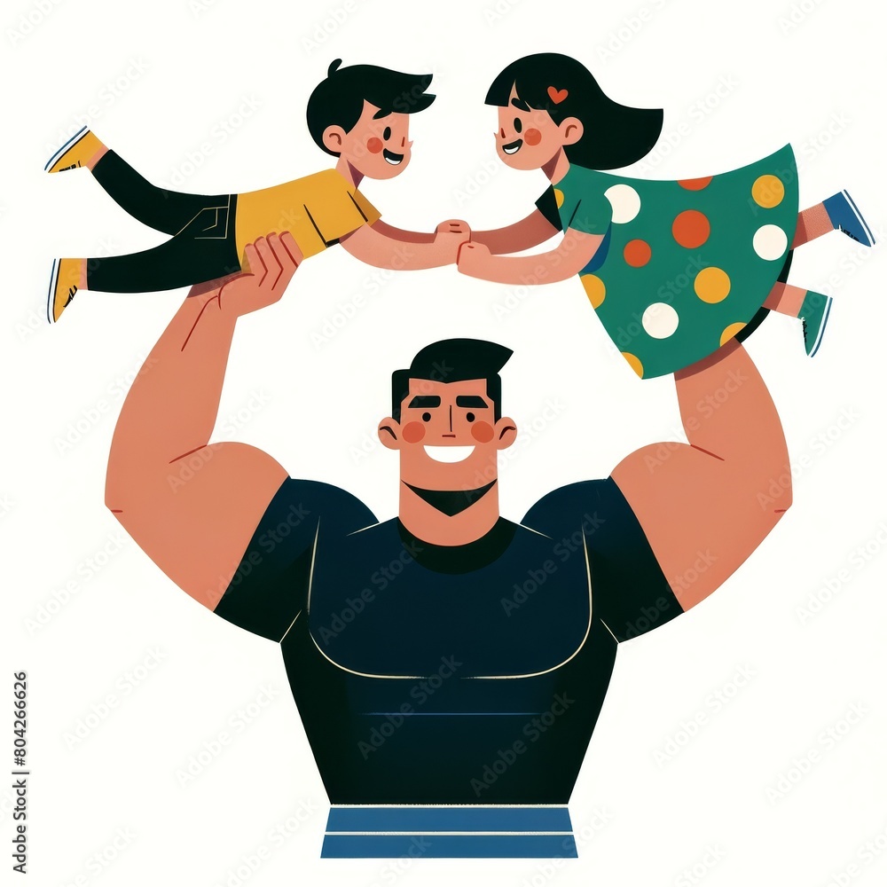 Cartoon-style illustration celebrating Father's Day, featuring a strong dad with his son and daughter joyfully hanging from his arms. Cartoon-style illustration celebrating Father's Day, featuring a strong dad with his son and daughter joyfully hanging from his arms.