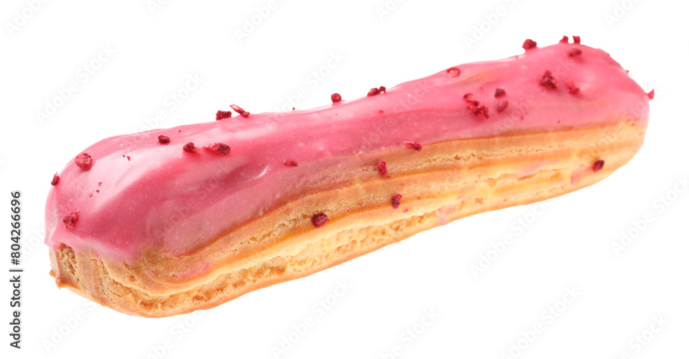 Delicious eclair covered with pink glaze isolated on white Delicious eclair covered with pink glaze isolated on white