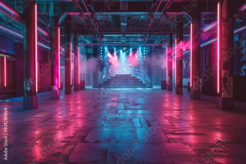 nightclub interior in industrial building for rave party in blue pink neon color light
