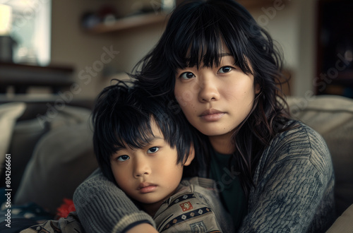 A woman with black hair and bangs in her thirties sits on the couch. She is looking at the camera. She has an Asian boy of about ten years old leaning against her. They look sad. The living room provi
