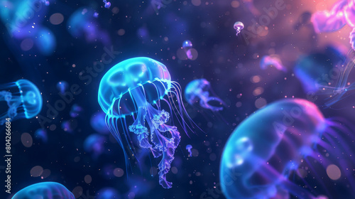 Glowing jellyfish floating in the sea. A mesmerizing seascape with a haze reminiscent of space. Neon colors