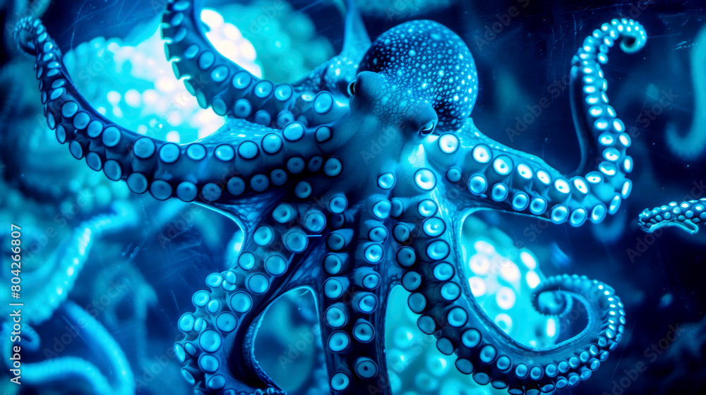 Octopuses swimming in the sea. A mesmerizing fairy-tale landscape with a haze reminiscent of space. Fantastic Octopus