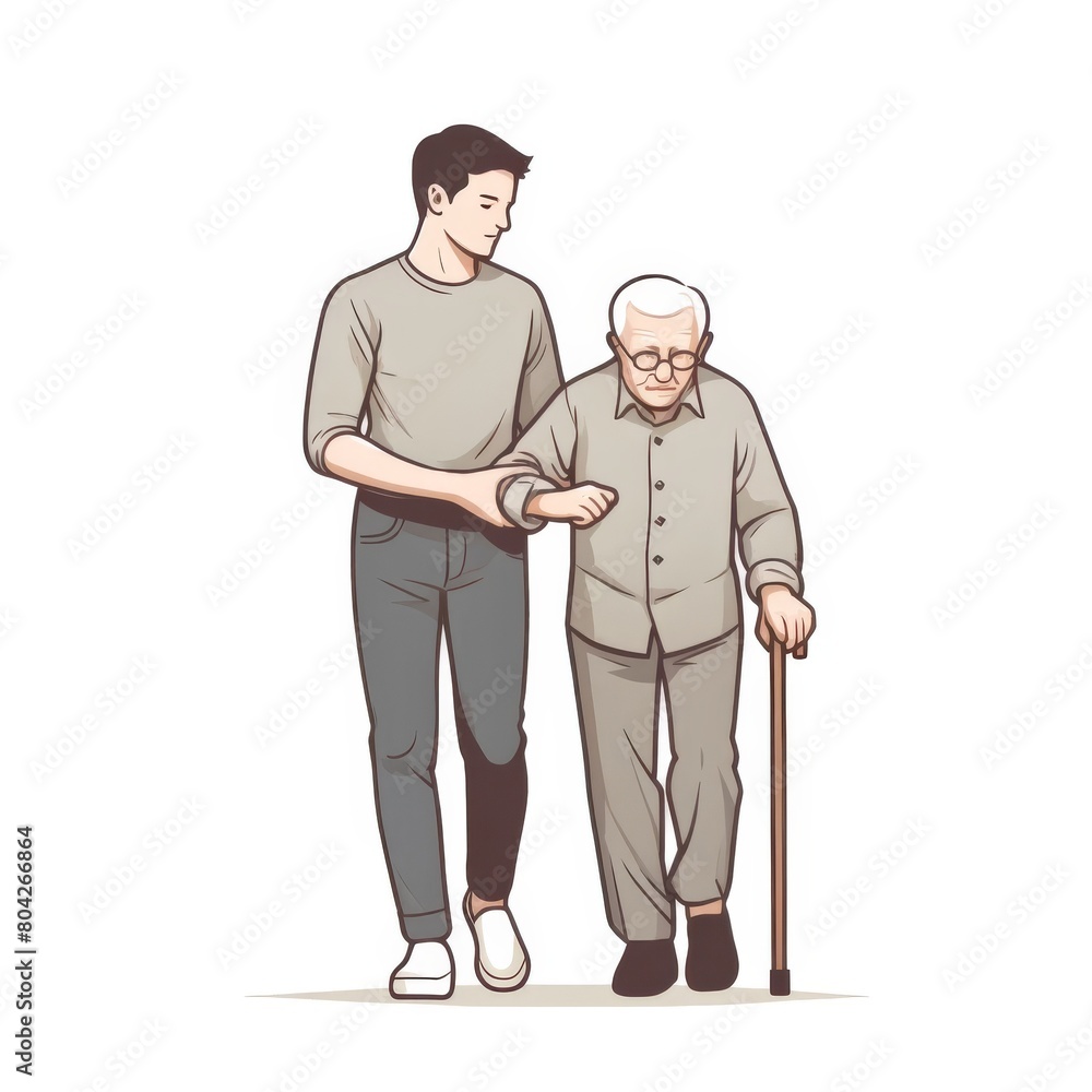 Cartoon-style illustration showing a son gently supporting his elderly father as they walk together, the father using a cane. Cartoon-style illustration showing a son gently supporting his elderly father as they walk together, the father using a cane.