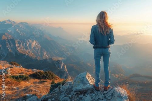 A woman stands on top of a mountain, gazing out at the breathtaking view below, symbolizing the rewards of perseverance and determination in reaching lofty goals photo