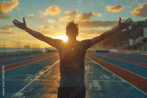 An athlete triumphantly raises their arms in victory  showcasing the determination and motivation required to overcome obstacles and achieve goals 