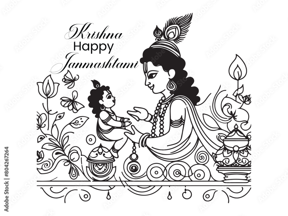 Lord Krishna line art vector design. Krishna happy Janmashtami.