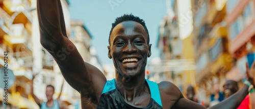 Runner celebrating crossing the finish line in a race, happy and smiling as he waves to the supportive audience.