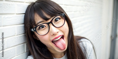 眼鏡をかけた女性モデルがふざけて舌を出す表情 photo