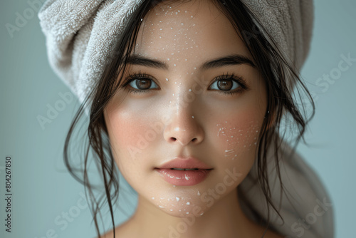 Asian Woman Beauty Ritual After Shower Towel Wrapped Hair Spa Concept Portrait