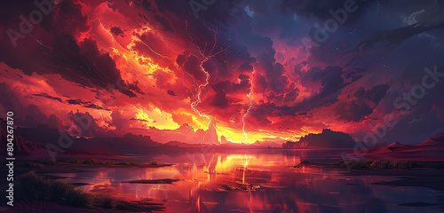 Crimson bolts of lightning arcing across the sky above a remote desert oasis, their fiery glow reflected in the tranquil waters below.