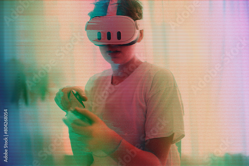 Teenage boy playing Meta Quest 3. Copy space. Glitch effect background. © malgo_walko