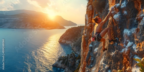 Outdoor Adventure Sports Fitness Program with Rock Climbing and Kayaking in Scenic Coastal Landscape at Sunset