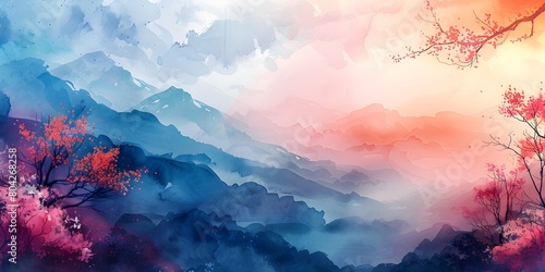 Breathtaking Watercolor Landscape Painting Depicting Misty Mountain Ranges and Vibrant Foliage in Changing Seasons