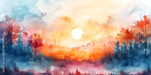Vibrant Watercolor Landscape of a Serene Autumn Sunset with Dreamy Foliage and Atmospheric Skies