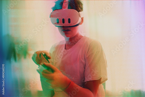 Teenage boy playing Meta Quest 3. Copy space. Glitch effect and halftone background. © malgo_walko