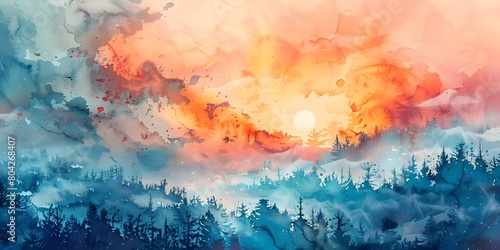 Vibrant Watercolor Landscape Painting Depicting a Dramatic Sunset or Sunrise Over a Misty Forested Scene with Glowing Atmospheric Lighting and a © Thares2020