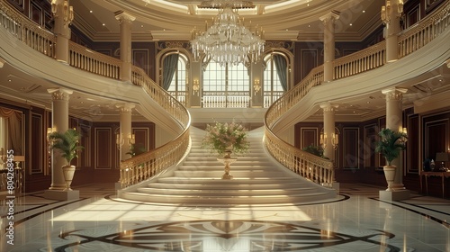 Grand entrance with a double-height atrium and a crystal chandelier photo