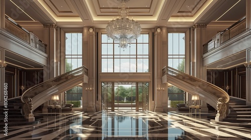 Grand entrance with a double-height atrium and a crystal chandelier © Aeman