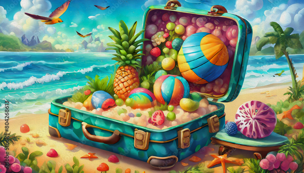 oil painting style CARTOON CHARACTER CUTE illustration of beach in travel suitcase, spring break concept, beach, summer, sea