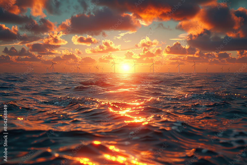 Fototapeta premium An ocean scene with offshore wind turbines harnessing the wind for power generation. AI generated.