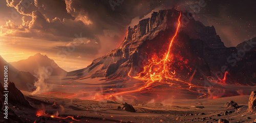 Fiery tendrils of red electricity erupting from the mouth of a dormant volcano in the heart of the desert, casting an ominous glow on the surrounding wasteland. photo