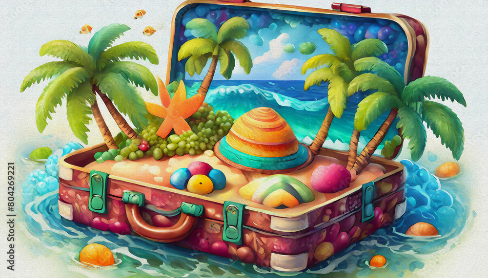 oil painting style CARTOON CHARACTER CUTE illustration of beach in travel suitcase, spring break concept, beach, summer, sea