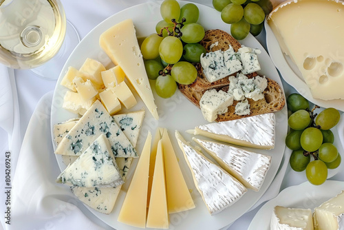 Cheese plate with snacks. Slices of different sorts of cheese, grapes, bread photo