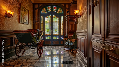 Grand entrance with a stained glass window and a vintage carriage lamp photo