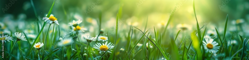Daisies blooming in lush grass. Summer and nature concept for greeting cards and wallpapers. Banner with copy space. Daisies blooming in lush grass. Summer and nature concept for greeting cards and wallpapers. Banner with copy space.