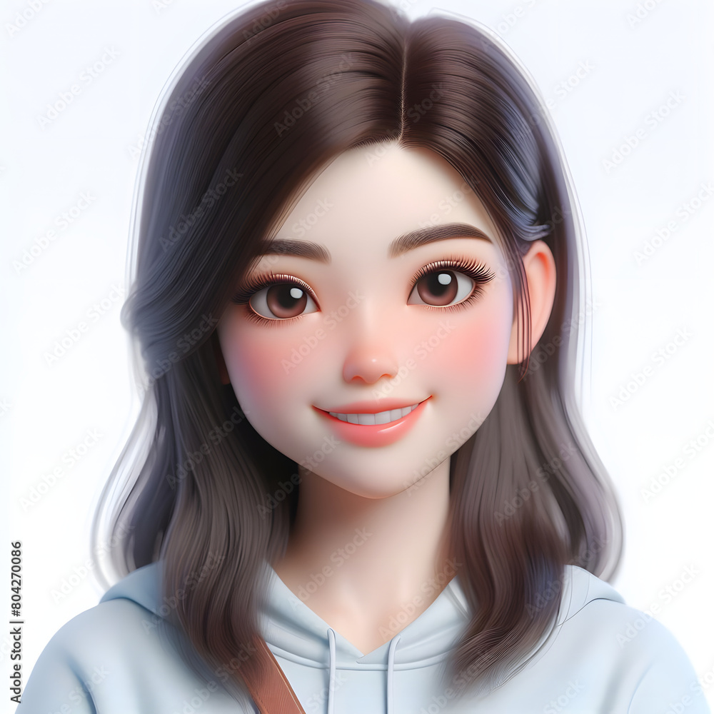 Happy Asian cartoon character girl, young woman portrait, female, happy mood, feeling expression concept, beautiful eyes, 3d style, isolated on a white background Happy Asian cartoon character girl, young woman portrait, female, happy mood, feeling expression concept, beautiful eyes, 3d style, isolated on a white background