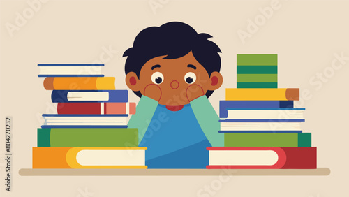 A shy child shyly peeking around stacks of books their curiosity piqued by the titles and illustrations.. Vector illustration