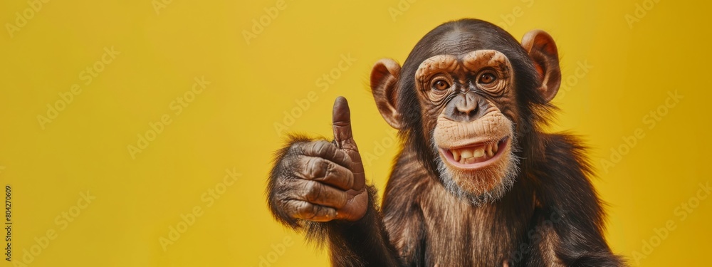 Funny wild zoo animal banner - Happy laughing monkey, chimpanzee, giving a thumbs up, paw up, isolated on yellow background Funny wild zoo animal banner - Happy laughing monkey, chimpanzee, giving a thumbs up, paw up, isolated on yellow background