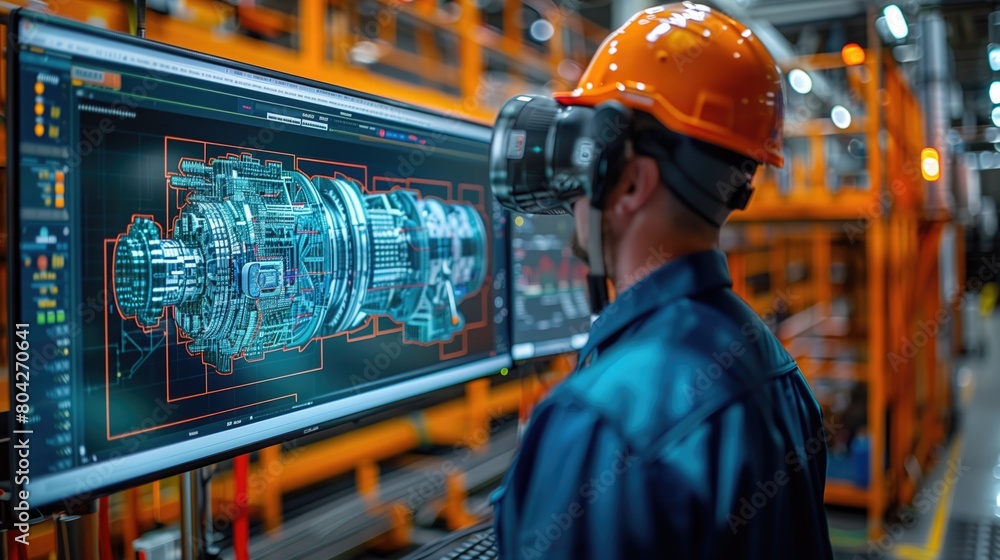 Engineers review 3D models and simulations on digital screens, allowing them to visualize and optimize production workflows before implementation 