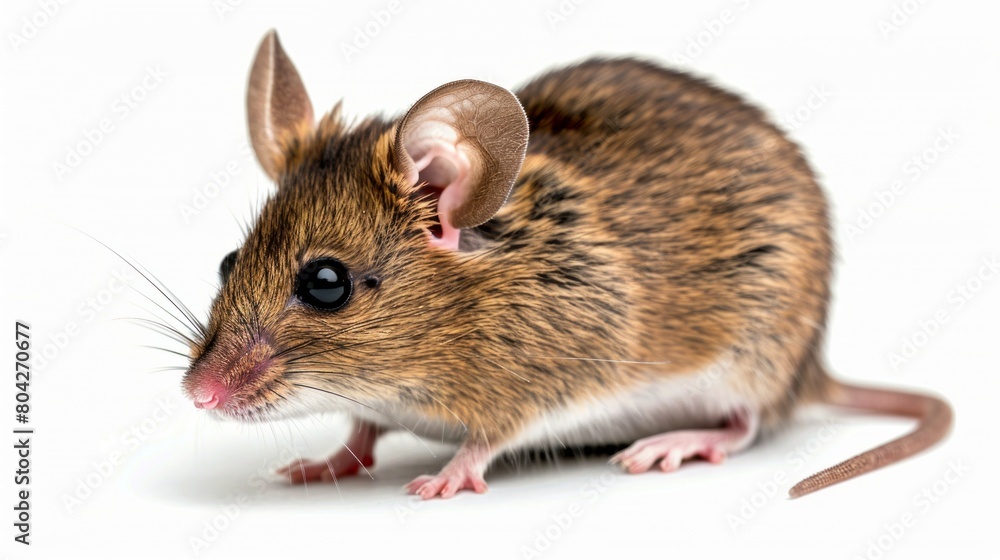 Close-up of a brown mouse on a white background, showcasing intricate detail.