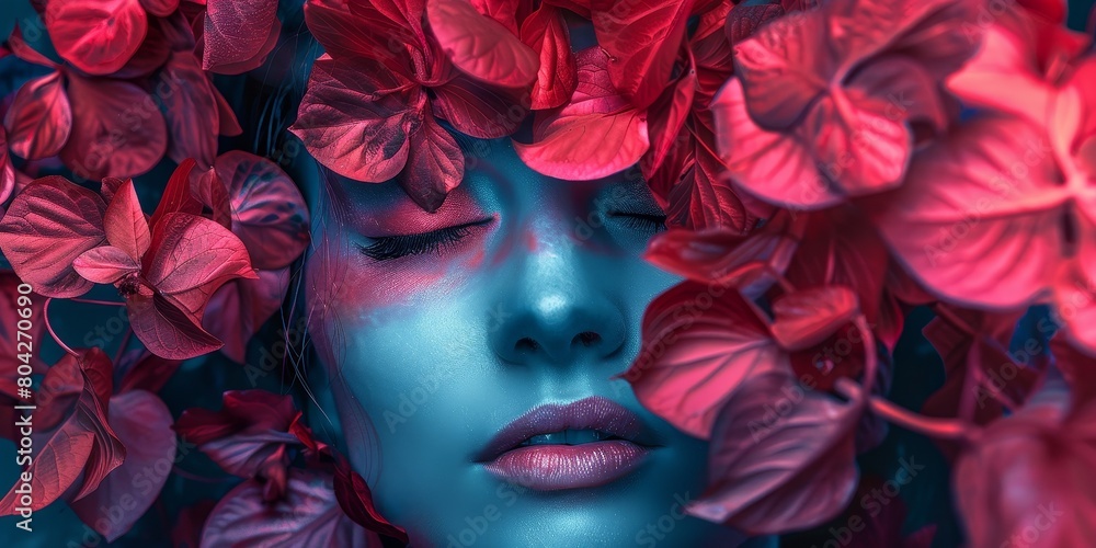 The image shows a womans face in the center, surrounded by vibrant red flowers. The flowers frame her face, creating a striking and colorful background design