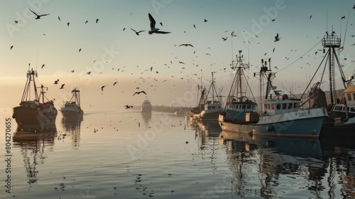 A tranquil harbor at dawn, with fishing boats anchored along the quay and seagulls circling overhead in the soft light of morning photo