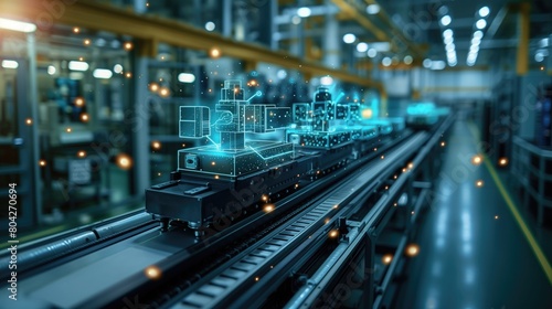 Graphic overlays illustrate the interconnected network of machinery, showcasing the seamless integration of technology within the manufacturing environment 