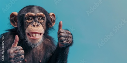 Fototapeta Naklejka Na Ścianę i Meble -  Funny animal banner - Happy laughing monkey, chimpanzee, giving a thumbs up, paw up, isolated on blue background