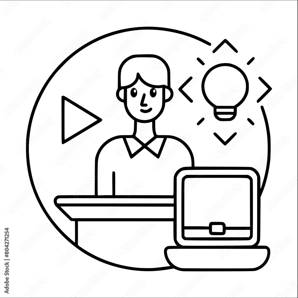Young male professional brainstorming with a light bulb and play icon displayed, symbolizing creative ideas and video content development