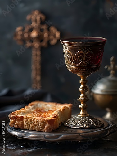 An ornate chalice filled with red wine, a slice of bread, and a faintly visible cross on a dark background