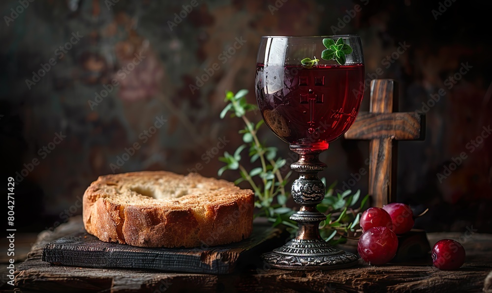 An ornate chalice filled with red wine, a slice of bread, and a faintly visible cross on a dark background