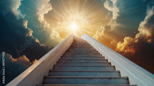 Wide staircase into heaven, angelical realm, merging with golden light and sun, representing the journey to god photo