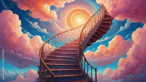Fantasy dragon stairs into another dimension, angelical realm, golden light and stars, anime style photo