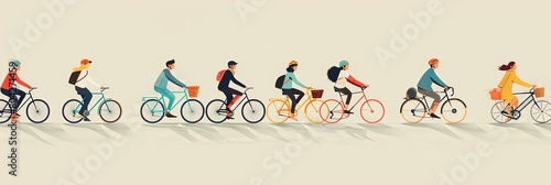 Flat panoramic banner illustration of many people riding bicycle