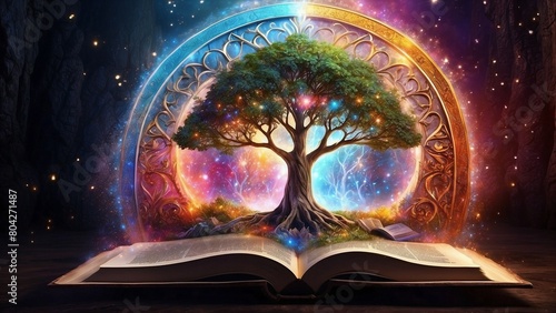 Tree of life coming from the opened book, with cosmic portal and universe behind, horizontal fantasy background 