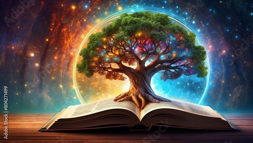 Tree of life coming from the opened book, with cosmic portal and universe behind, horizontal fantasy background 