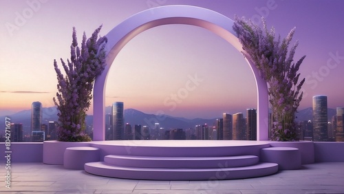 Lavender lilac arch matte paint, decorated with flowers, a twilight cityscape