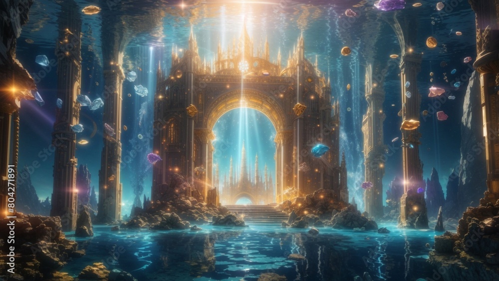 Amazing underwater hidden city Atlantis with portals and columns, gods realm, fantasy background Amazing underwater hidden city Atlantis with portals and columns, gods realm, fantasy background