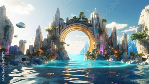 Amazing underwater hidden city Atlantis with portals and columns, gods realm, fantasy background photo