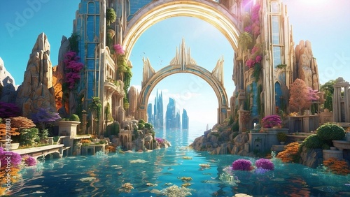 Amazing underwater hidden city Atlantis with portals and columns, gods realm, fantasy background photo